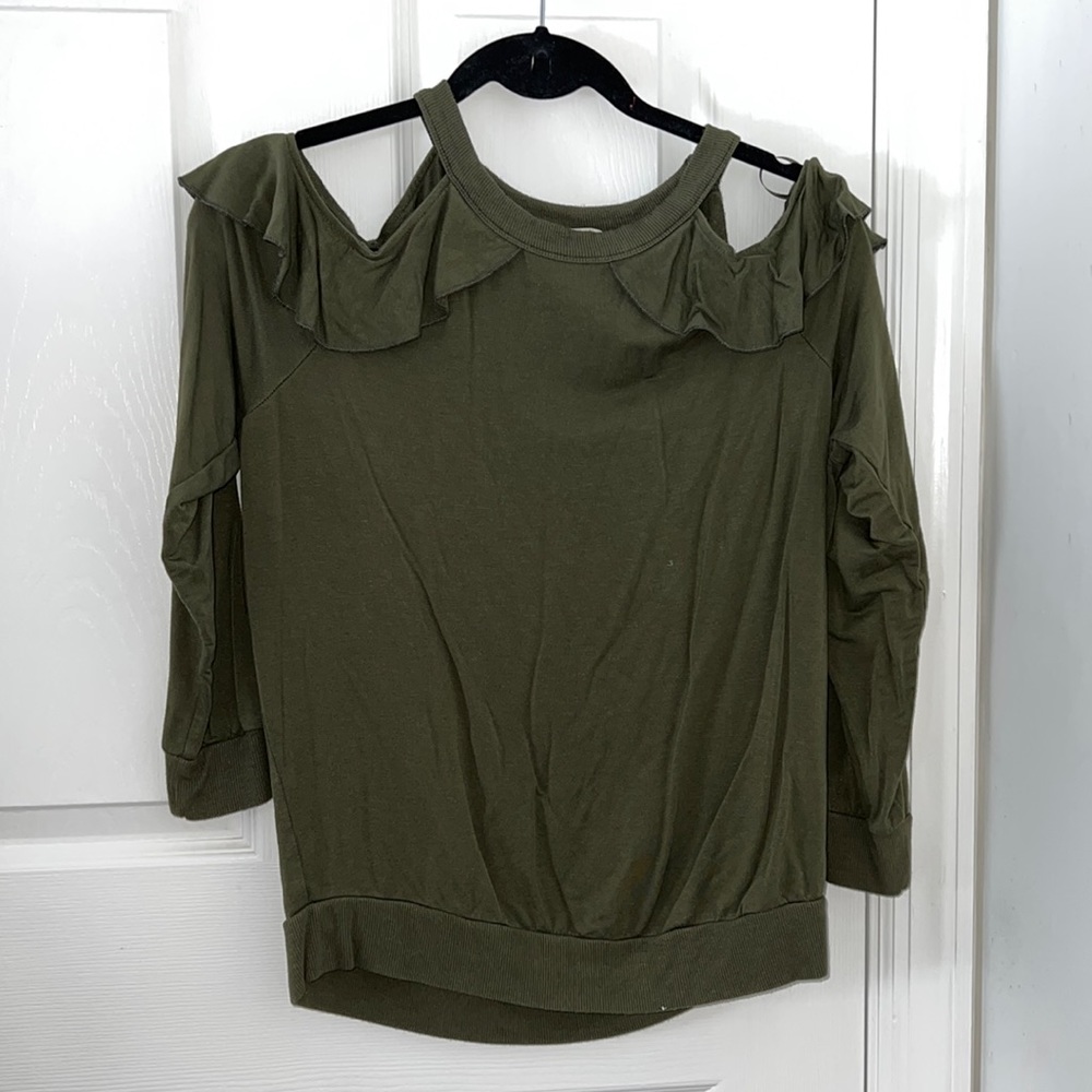 Army green, open shoulder, ruffle detail Express top